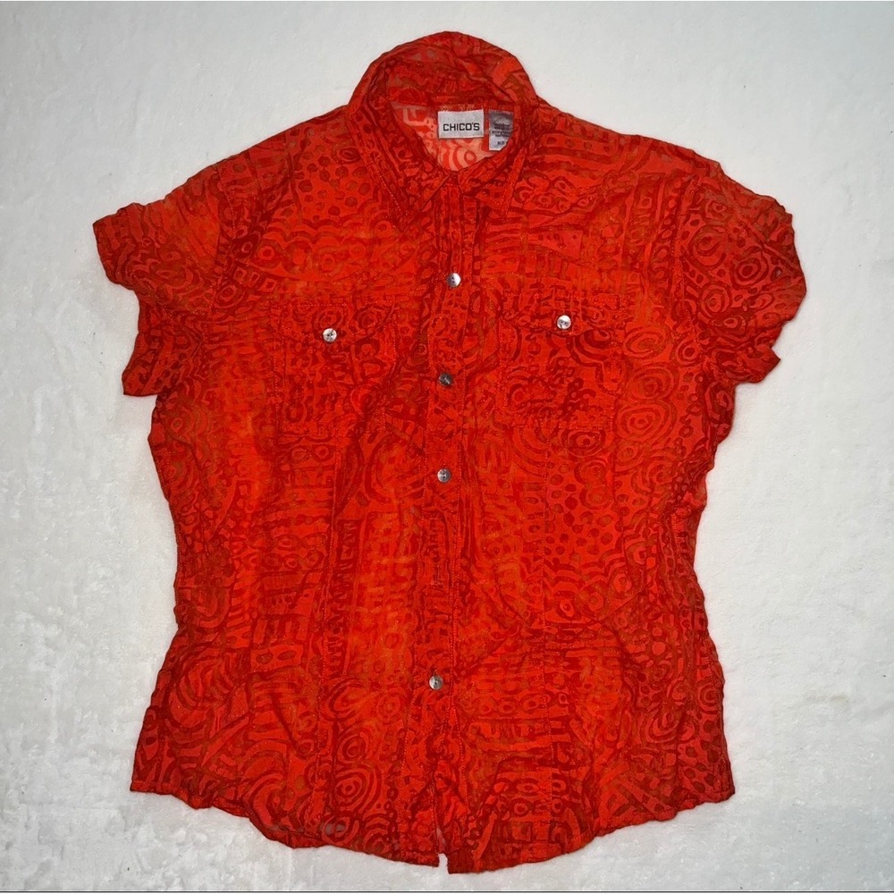 Chicos Orange Burnout Devore Abstract Short Sleeve Sheer Shirt Size 1 Medium